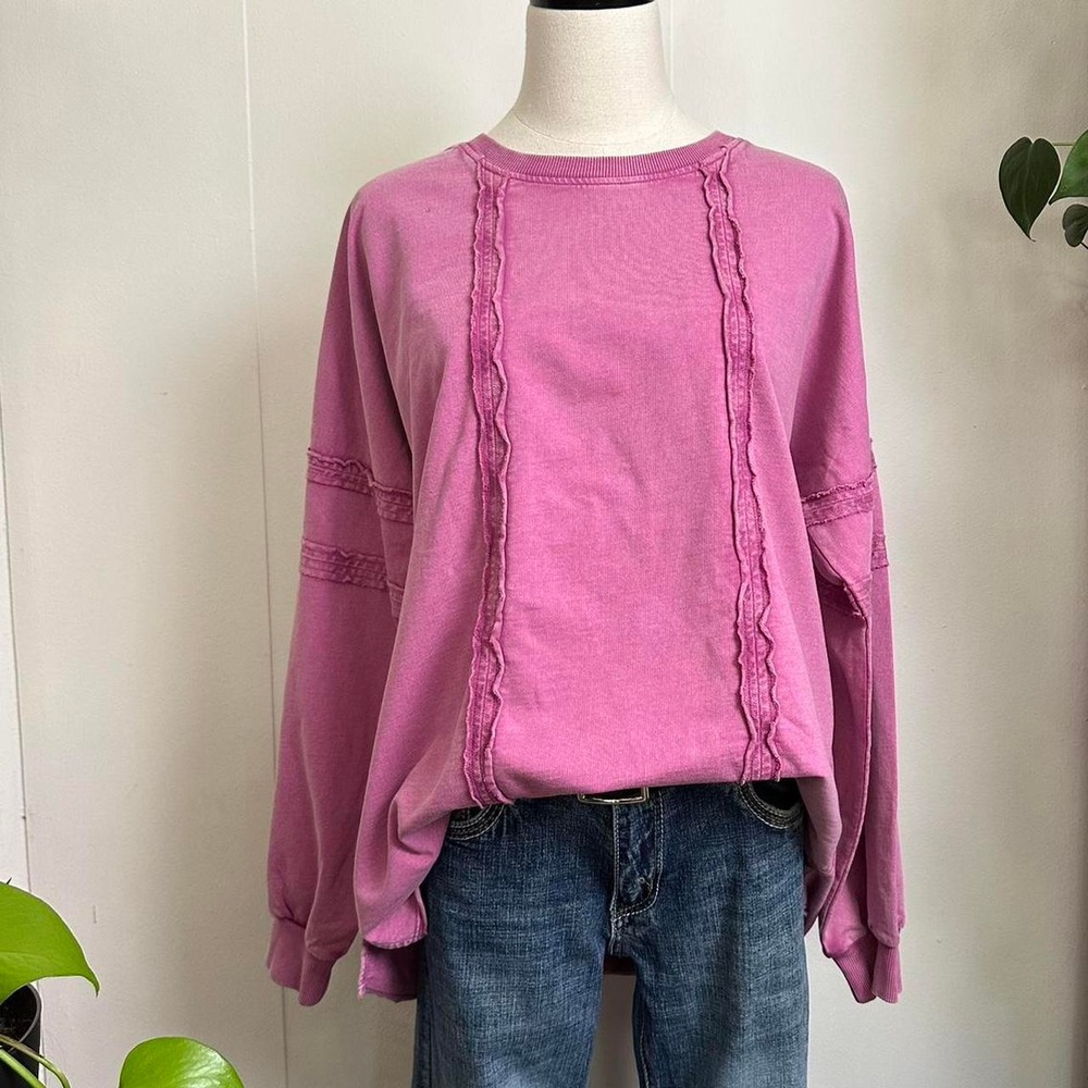 Canyon Retreat Women Pink Purple Ruffle Stitch Oversized Long Sleeve Top Medium